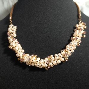 Women's Necklace Pink & Bronze Faux Pearl Rhinestone‎ Size 9.5 Inches